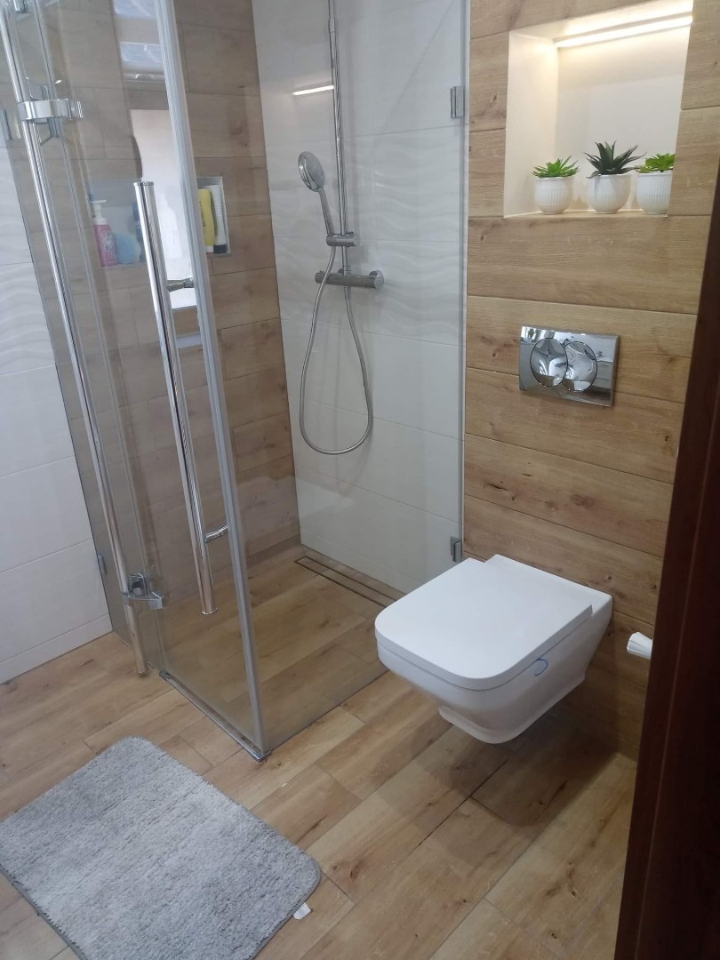 Nowoczesna łazienka z kabiną prysznicową ze szklanymi drzwiami, podwieszaną toaletą i drewnopodobnymi płytkami na ścianach oraz podłodze, akcentowana wnęką z trzema małymi roślinami doniczkowymi.