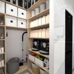 Spiżarnia z drewnianymi półkami, na których znajdują się pojemniki, słoiki, kosze oraz dwa ekspresy do kawy i odkurzacz.