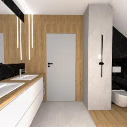 Wizualizacja łazienki na poddaszu z drewnianą zabudową umywalki, czarnym marmurem na ścianach i minimalistycznym oświetleniem LED.