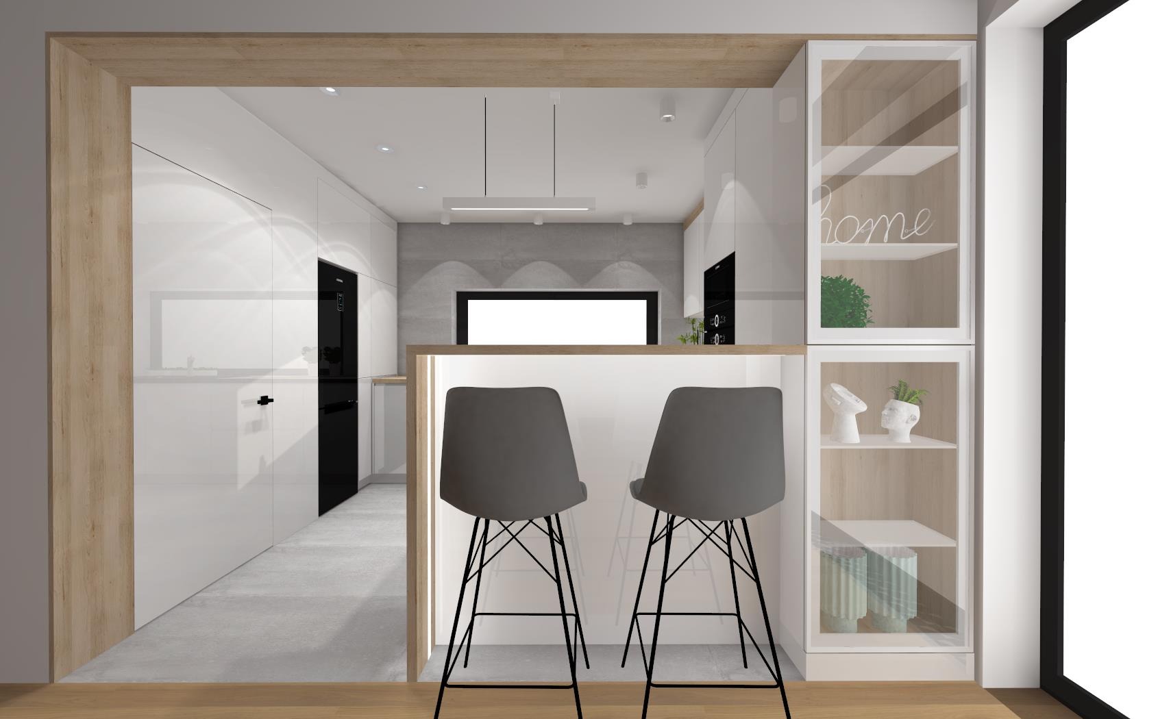 Wizualizacja nowoczesnej kuchni z białymi szafkami, szarymi stołkami barowymi i przeszkloną witryną z dekoracjami.