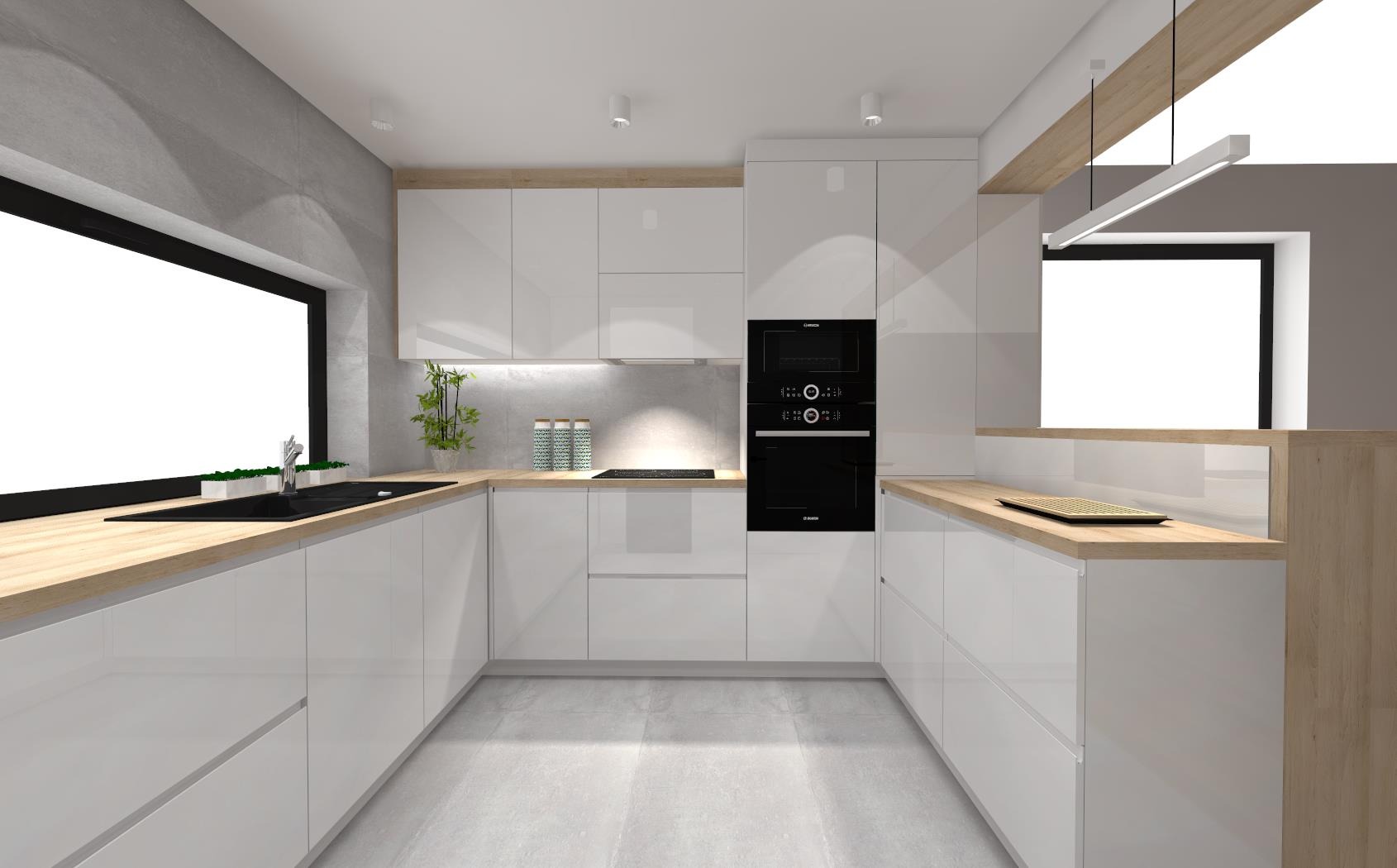 Wizualizacja nowoczesnej kuchni z białymi, lakierowanymi frontami, drewnianym blatem i czarnym piekarnikiem w zabudowie, uzupełniona o rośliny w doniczkach przy oknie.