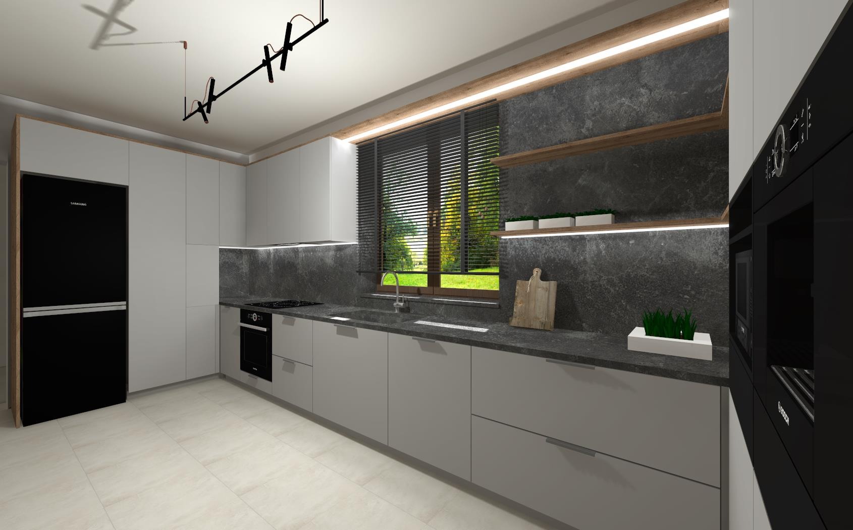 Wizualizacja nowoczesnej kuchni z szarymi frontami szafek, czarną lodówką i piekarnikiem, blatem z ciemnego kamienia, drewnianymi półkami, oświetleniem LED i widokiem na zieleń za oknem.