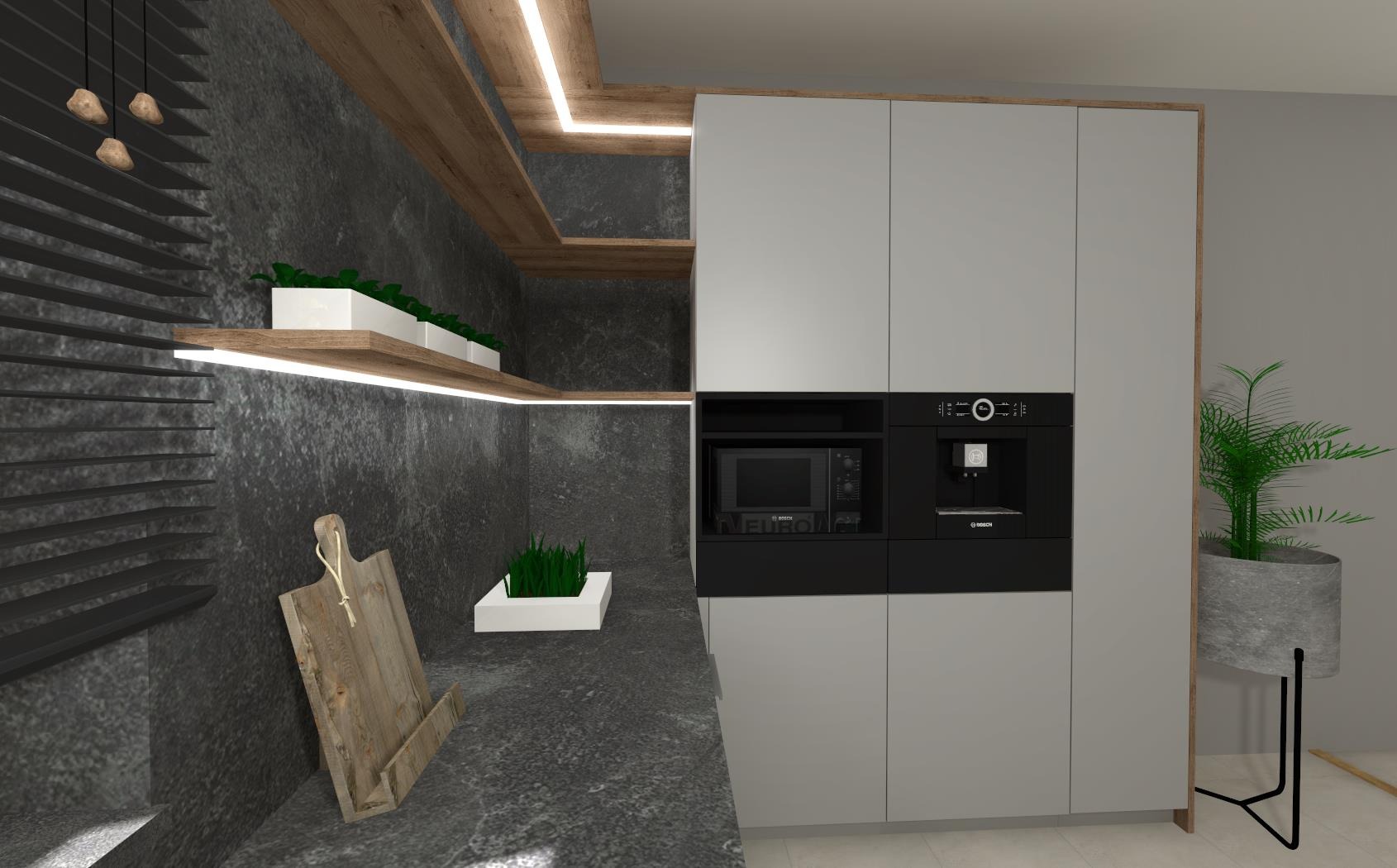 Wizualizacja nowoczesnej kuchni w szarościach z drewnianymi akcentami, oświetleniem LED i wbudowanym sprzętem AGD marki Bosch, uzupełniona o dekoracyjne rośliny w doniczkach i drewnianą deskę...