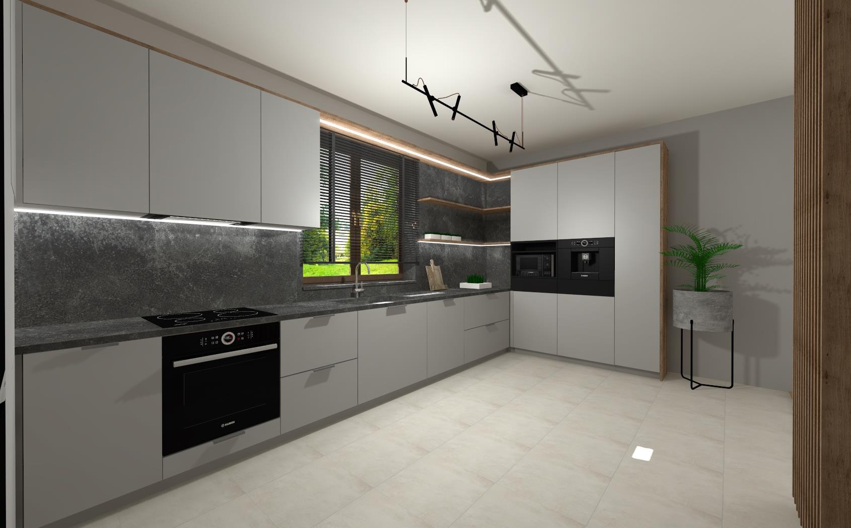 Nowoczesna kuchnia z szarymi frontami, czarnym blatem i AGD w zabudowie, oświetlona lampami sufitowymi o geometrycznym kształcie.