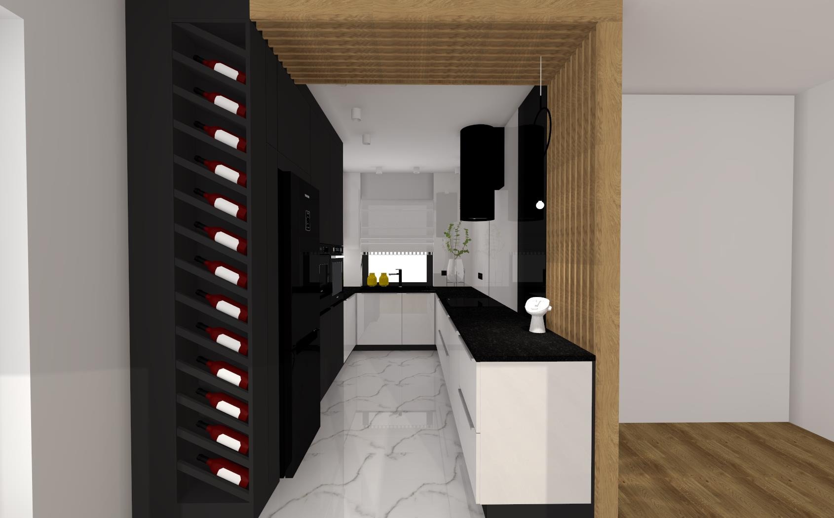 Wizualizacja nowoczesnej kuchni w czerni i bieli z marmurową podłogą i drewnianym akcentem, z wbudowaną szafką na wino po lewej stronie.
