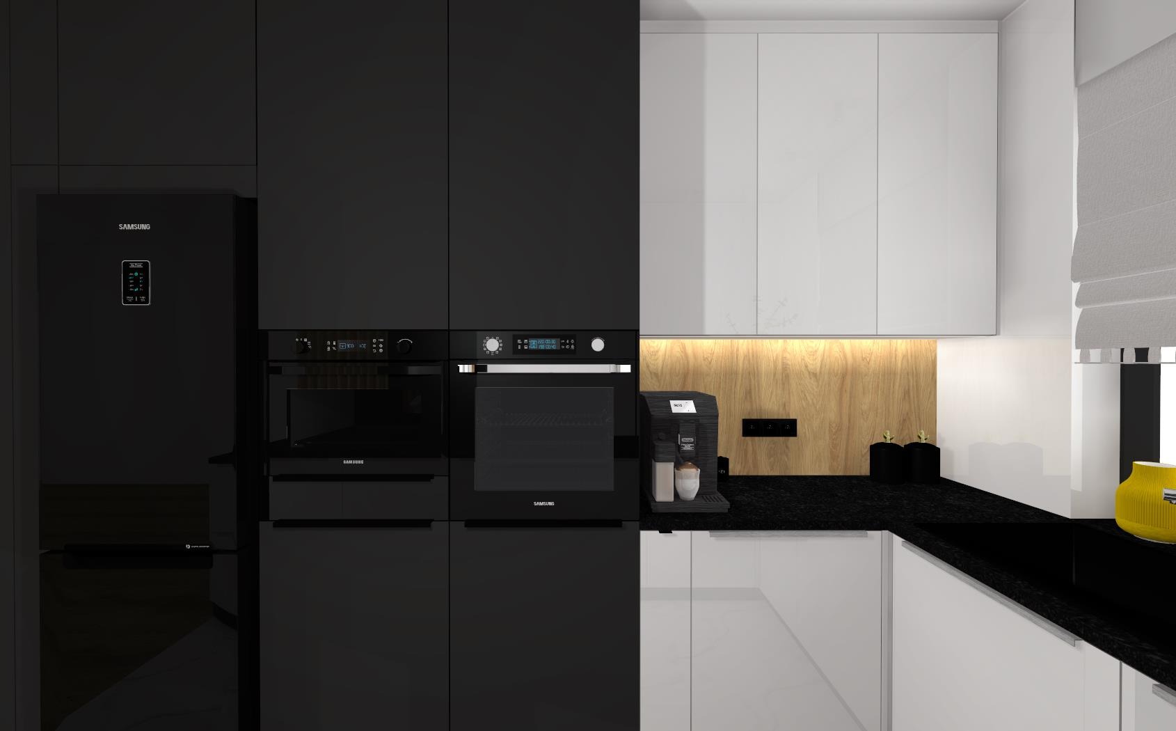 Nowoczesna kuchnia z czarnymi matowymi frontami, białymi szafkami górnymi i drewnianym panelem nad blatem, wyposażona w sprzęt AGD marki Samsung oraz ekspres do kawy.