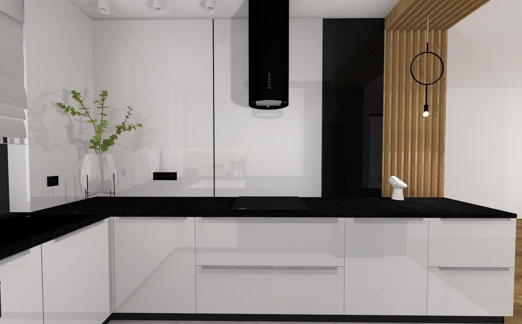Wizualizacja nowoczesnej kuchni z białymi, lakierowanymi frontami szafek, czarnym blatem, okapem i płytą indukcyjną, uzupełniona drewnianymi lamelami i dekoracyjną lampą wiszącą.