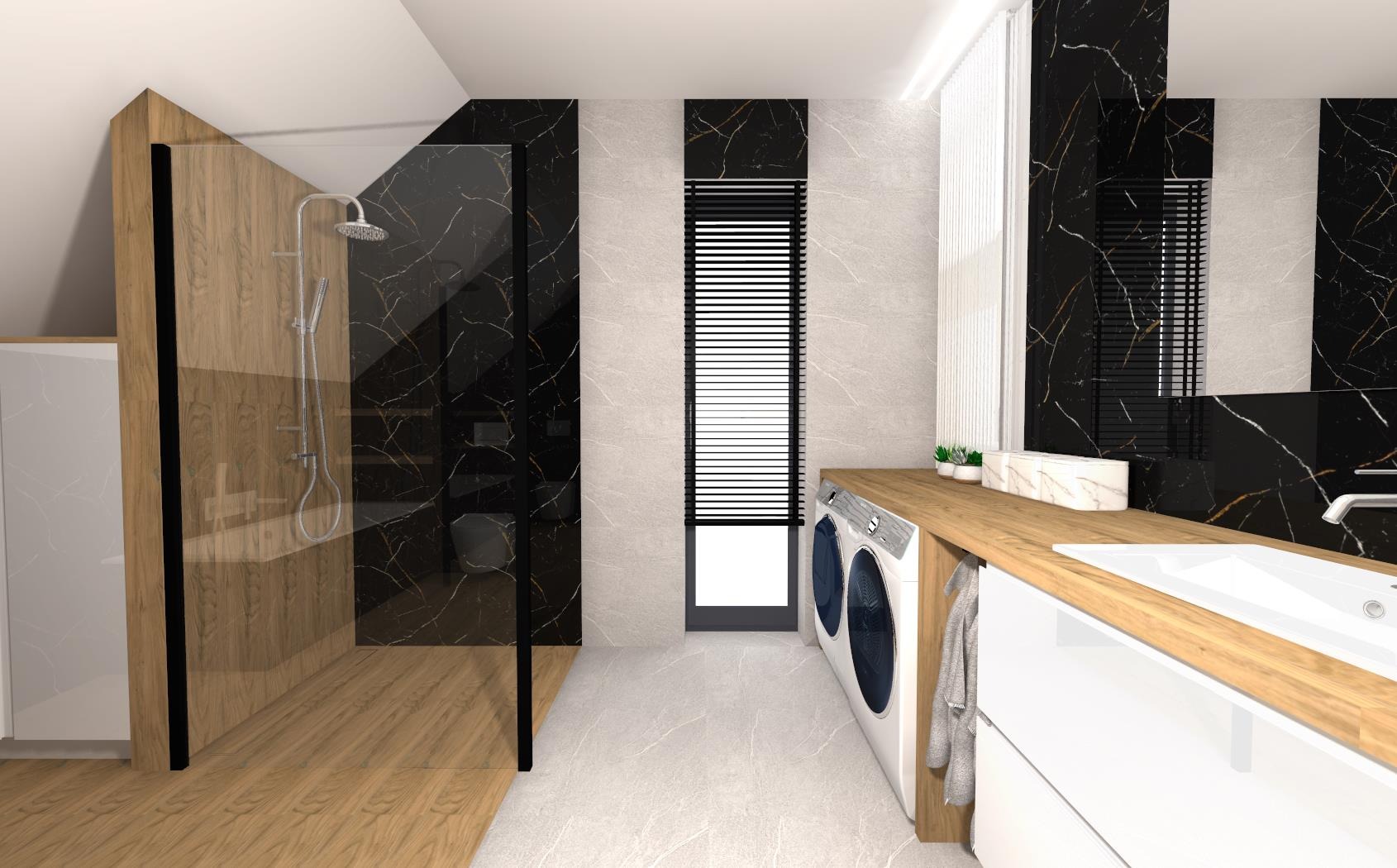 Wizualizacja łazienki z kabiną prysznicową typu walk-in, pralką pod blatem z drewna, czarno-białymi marmurkowymi płytkami na ścianach i roletami okiennymi.
