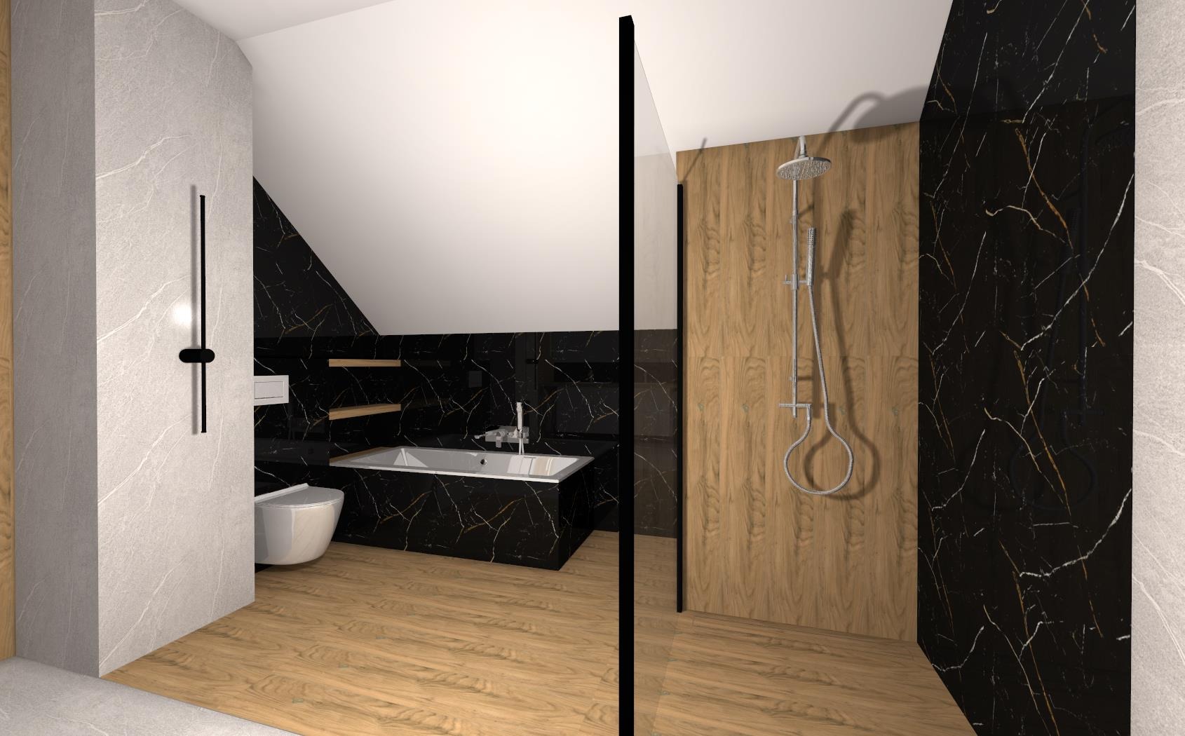 Wizualizacja łazienki na poddaszu z czarnymi płytkami imitującymi marmur, drewnianą podłogą, wolnostojącą wanną i kabiną prysznicową typu walk-in.