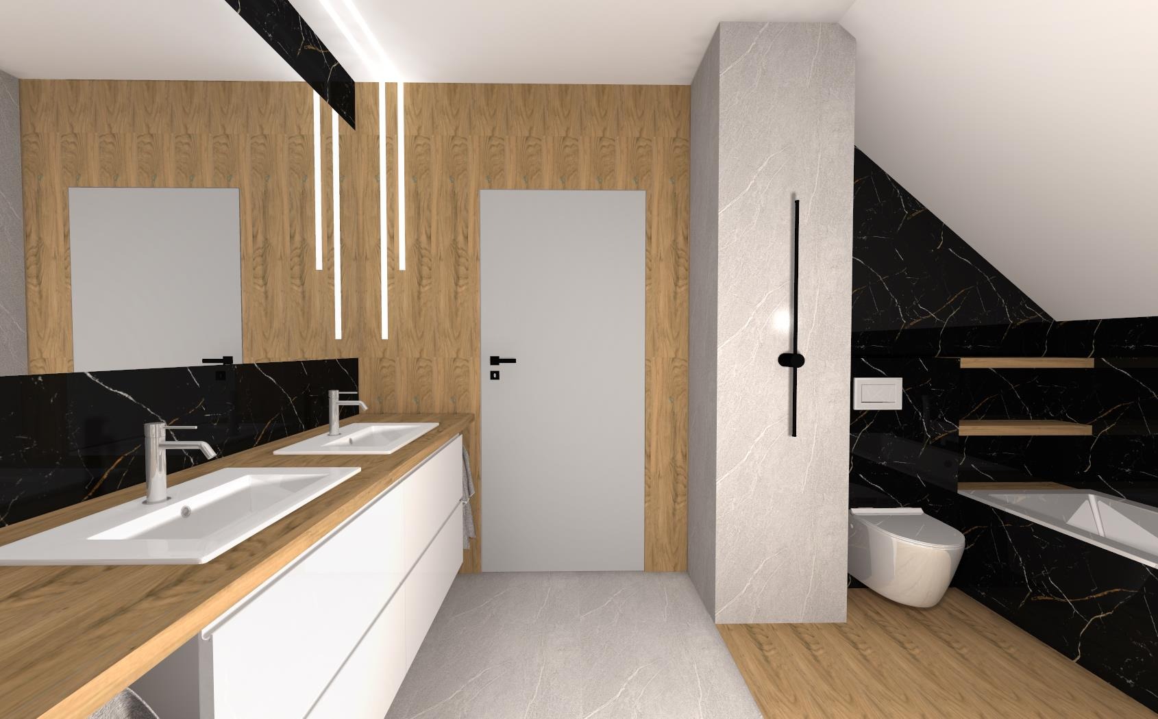 Wizualizacja łazienki na poddaszu z drewnianą zabudową umywalki, czarnym marmurem na ścianach i minimalistycznym oświetleniem LED.