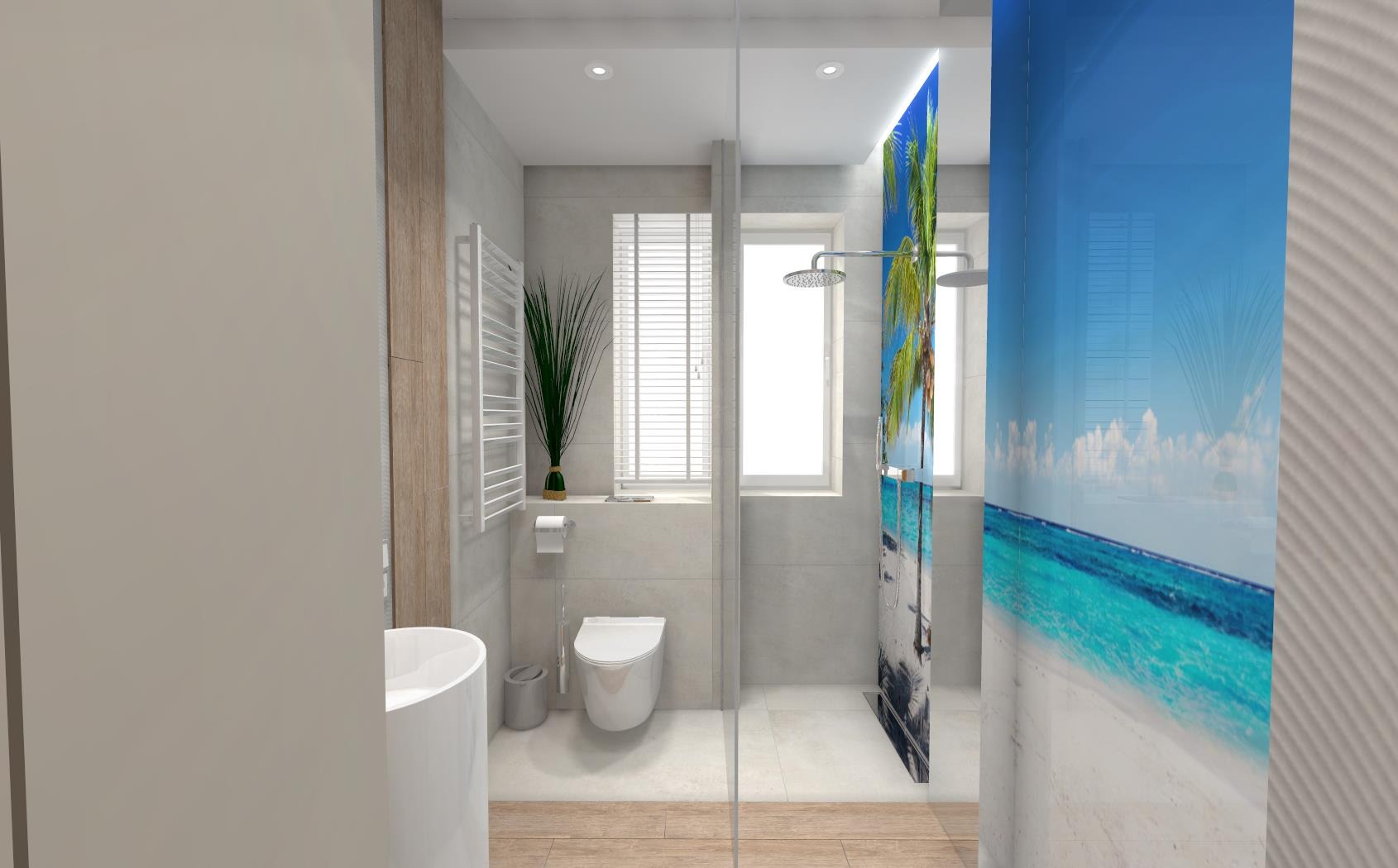 Nowoczesna łazienka z kabiną prysznicową ozdobioną grafiką tropikalnej plaży, widok na umywalkę, toaletę i grzejnik drabinkowy.