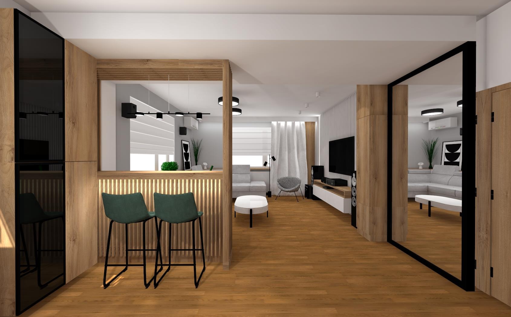 Wizualizacja salonu z aneksem kuchennym oddzielonym drewnianym barkiem z podświetleniem LED, dwa zielone hokery, podłoga z paneli, widok na sofę i telewizor.
