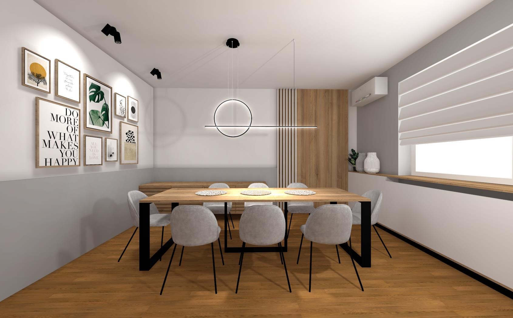 Wizualizacja jadalni z drewnianym stołem, szarymi krzesłami na czarnych nogach, nowoczesną lampą wiszącą z okrągłym elementem, galerią obrazków na ścianie i drewnianą okładziną ścienną.