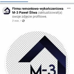 Profilowe logo firmy remontowo-wykończeniowej M-3 Paweł Śliwa, przedstawiające stylizowany zarys domu z napisem M-3 wewnątrz.