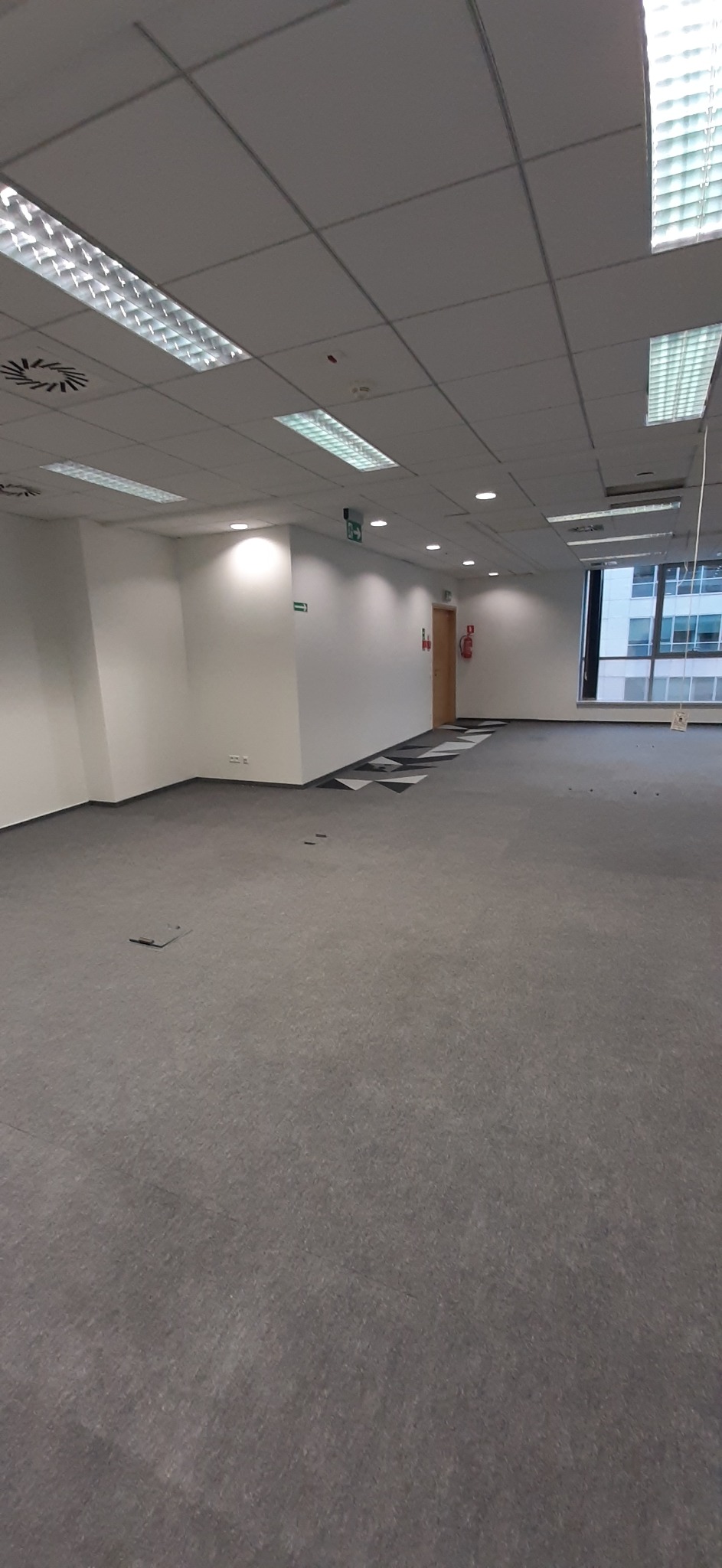 Pusta, jasna przestrzeń biurowa z szarą wykładziną, białymi ścianami, podwieszanym sufitem z rastrowymi lampami i widokiem na budynek biurowy przez okno.