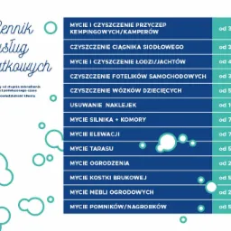 Cennik usług dodatkowych, zawierający ceny za mycie przyczep kempingowych, ciągników siodłowych, łodzi, fotelików samochodowych, wózków dziecięcych, usuwanie naklejek, mycie silnika, elewacji...
