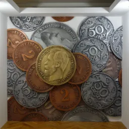 Dekoracyjna ściana z dużych, stylizowanych monet w odcieniach złota, srebra i brązu, tworzących trójwymiarową kompozycję.
