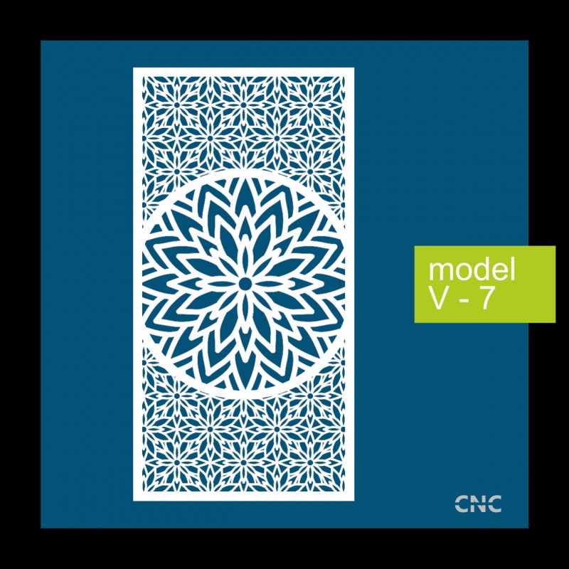 Biały panel dekoracyjny z wyciętym laserowo wzorem kwiatowym i geometrycznym na niebieskim tle, model V-7.