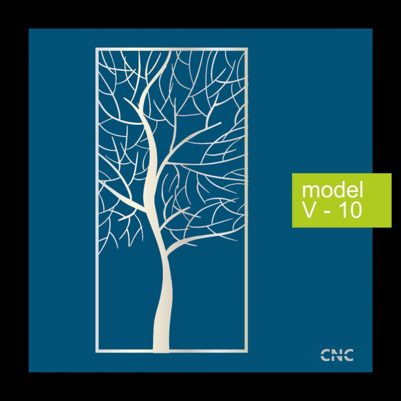 Dekoracyjny panel ażurowy z motywem drzewa, wycięty techniką CNC, model V-10, na ciemnoniebieskim tle.