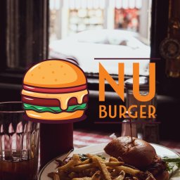 Mistallley - Restauracja w stylu retro: burger z frytkami na talerzu, szklanka napoju, animowany burger obok logo 'NU BURGER' na tle okna i ciemnego wnętrza.