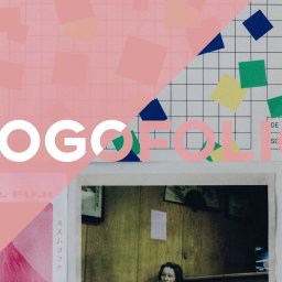 Mistallley - Kompozycja graficzna z napisem LOGOFOLIO na tle kolażu z geometrycznymi kształtami, zdjęciami i tekstami, w stylu retro.