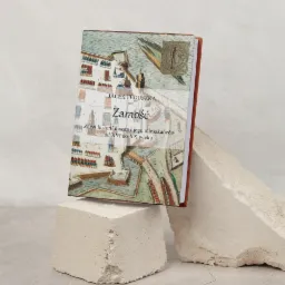 Książka o Zamościu autorstwa Jacka Feduszki z planem miasta na okładce, umieszczona na betonowym bloku.