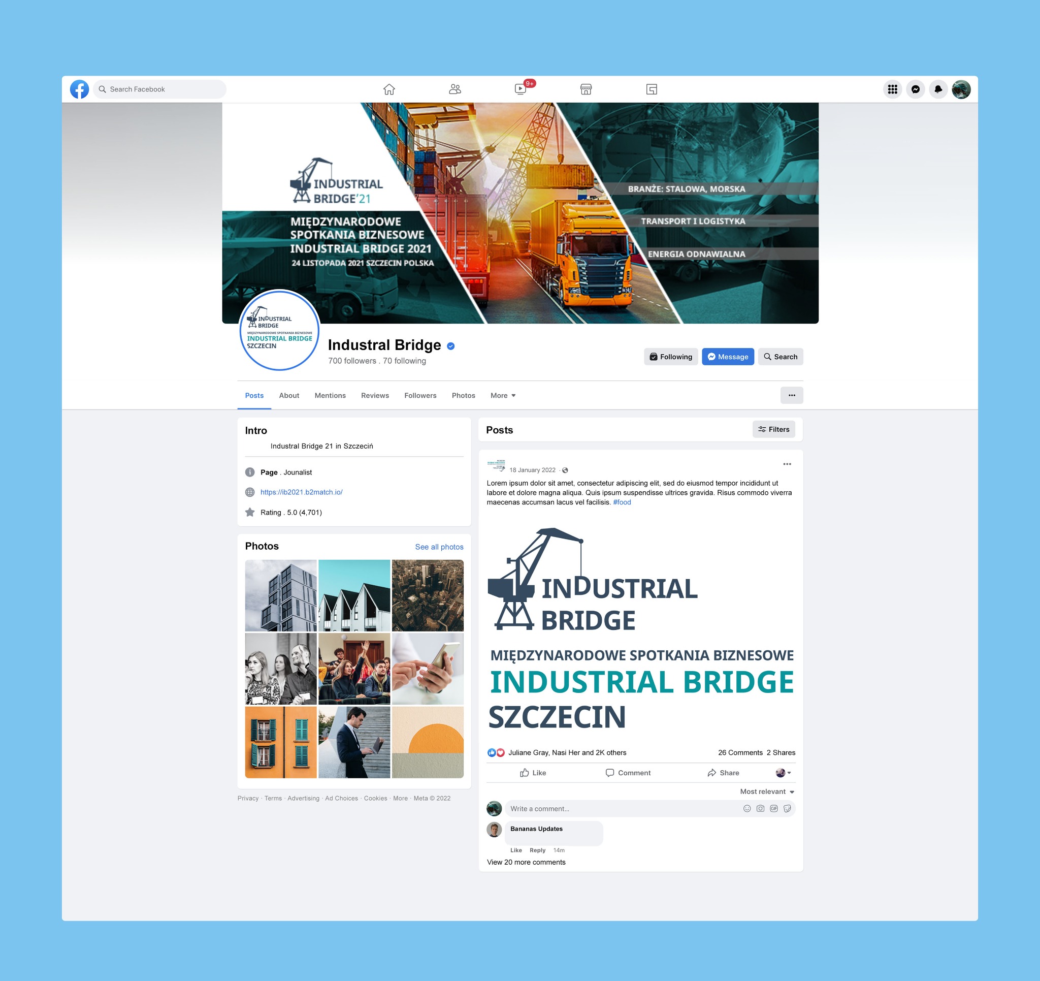 Profil firmy Industrial Bridge na Facebooku, z banerem przedstawiającym port przeładunkowy w Szczecinie oraz pojazd transportowy, promujący międzynarodowe spotkania biznesowe.