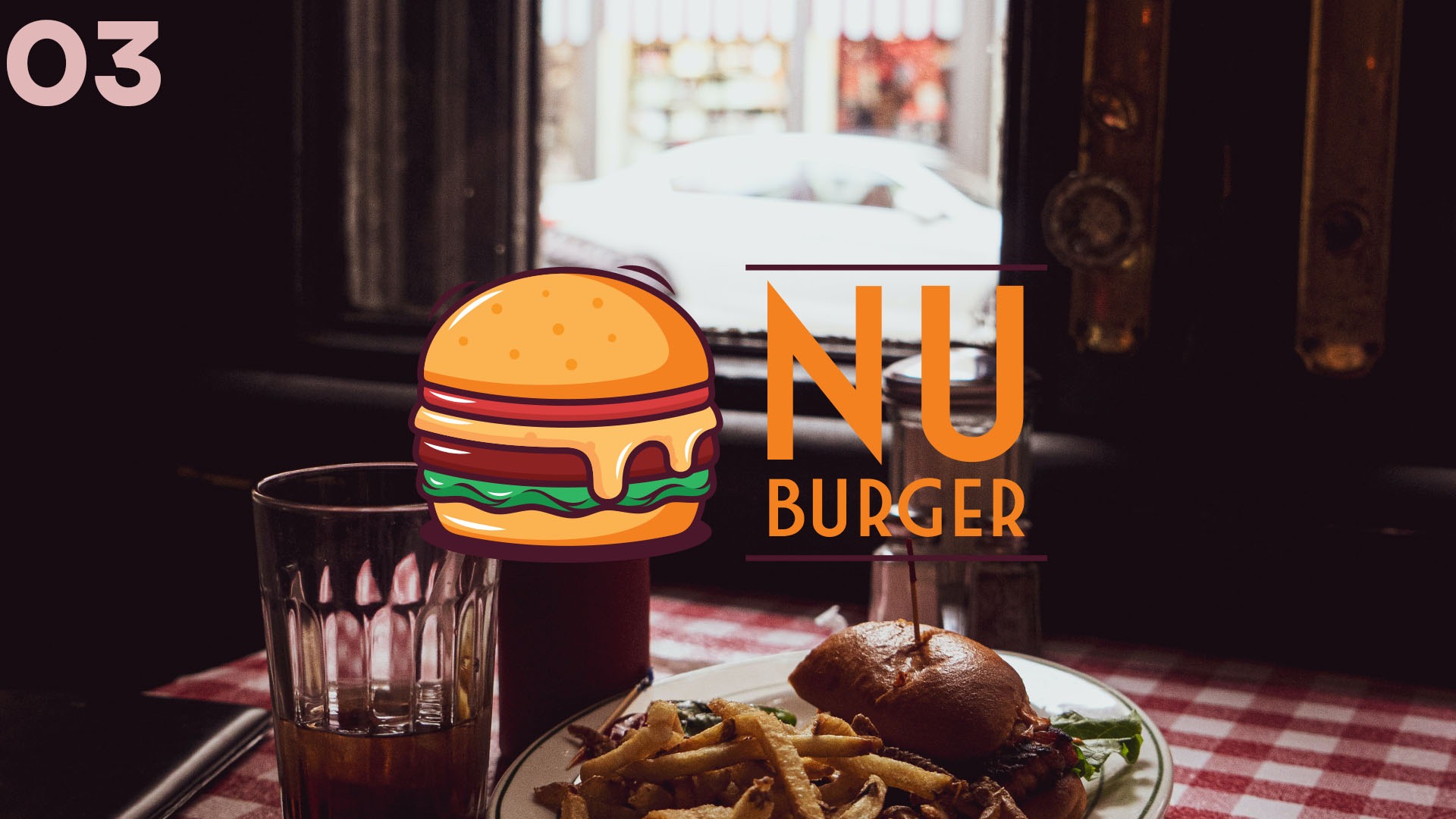 Restauracja w stylu retro: burger z frytkami na talerzu, szklanka napoju, animowany burger obok logo 'NU BURGER' na tle okna i ciemnego wnętrza.