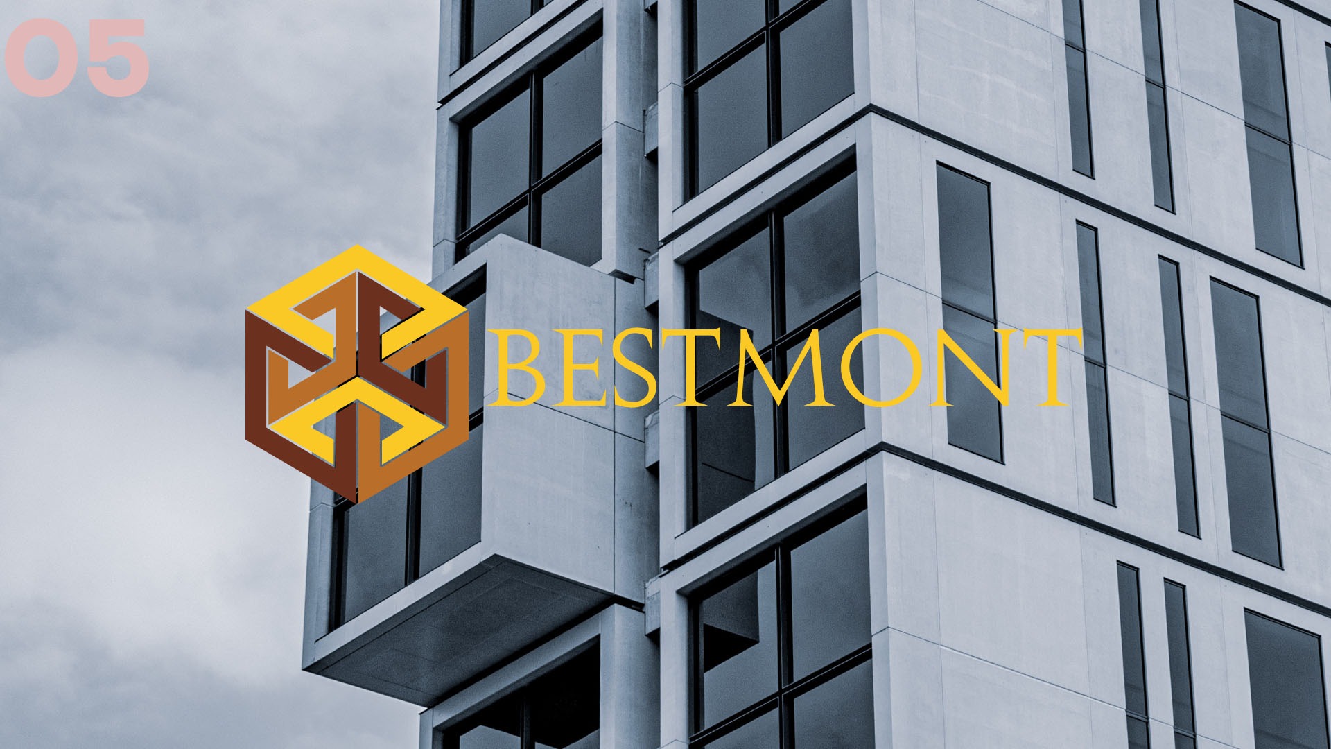 Wizualizacja logo firmy BESTMONT na tle modernistycznego budynku z regularnymi oknami.