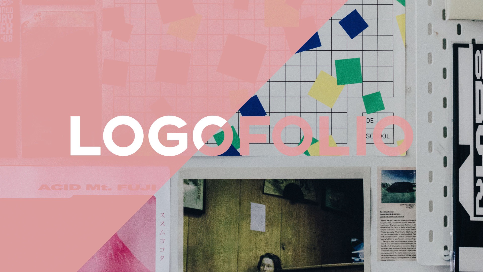 Kompozycja graficzna z napisem LOGOFOLIO na tle kolażu z geometrycznymi kształtami, zdjęciami i tekstami, w stylu retro.