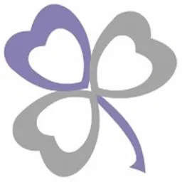 Stylizowany trójlistny symbol w odcieniach fioletu i szarości, przypominający koniczynę z serc w miejscu liści, na białym tle.