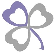 Stylizowany trójlistny symbol w odcieniach fioletu i szarości, przypominający koniczynę z serc w miejscu liści, na białym tle.