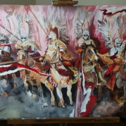 Obraz olejny przedstawiający husarię na koniach, z piórami na hełmach i proporcami, w dynamicznej scenie bitewnej na płótnie na drewnianym stojaku.