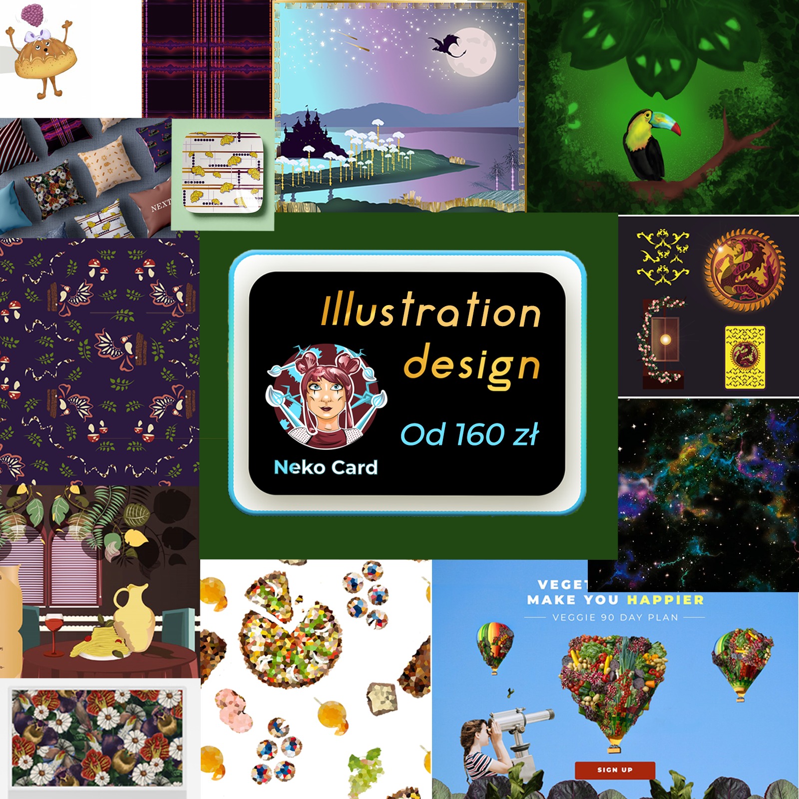 Zestaw różnorodnych ilustracji i projektów graficznych, w tym ilustracje postaci, krajobrazów fantasy, wzorów i plakatów reklamowych.