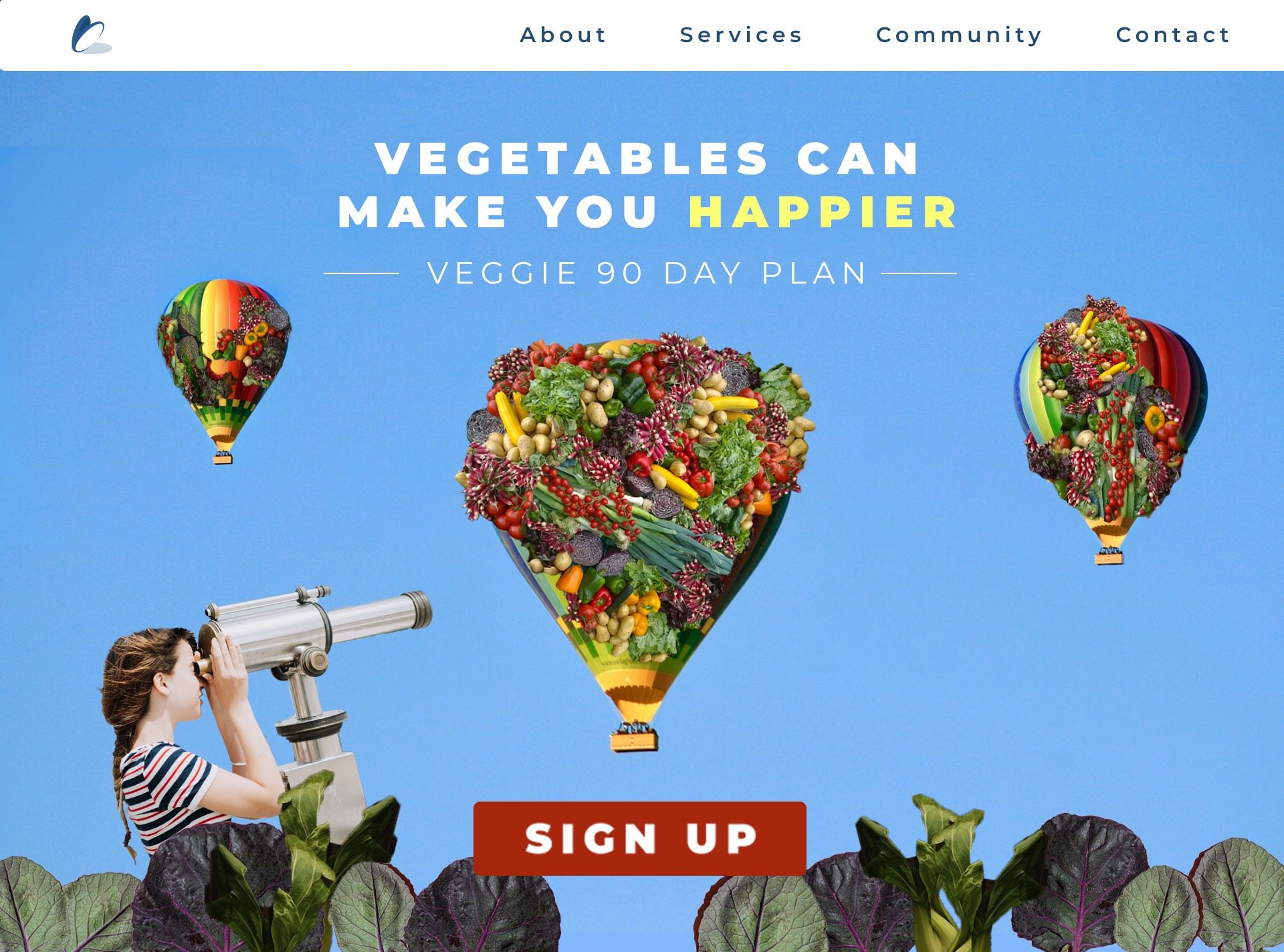 Kreatywna grafika przedstawiająca stronę internetową z balonami wypełnionymi warzywami na błękitnym tle, kobieta obserwuje je przez teleskop, a na dole widoczne są liście kapusty.