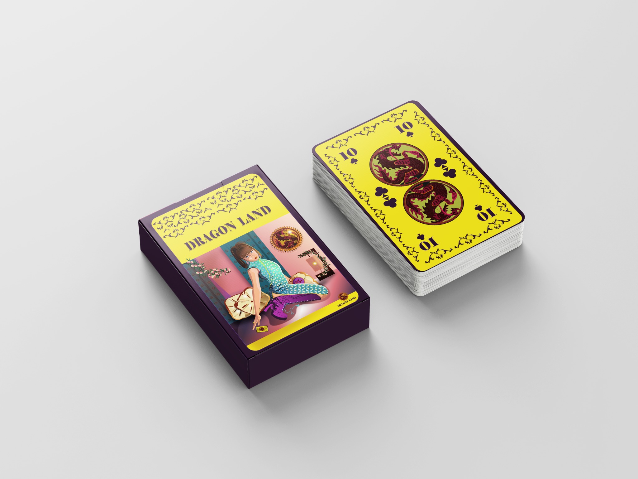 Ilustracja pudełka i talii kart do gry 'Dragon Land' z grafiką w stylu fantasy, na jasnoszarym tle.