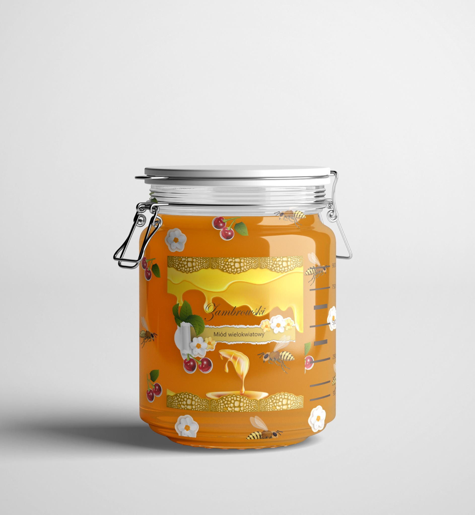 Wizualizacja słoika wielokwiatowego miodu Zambrowski z grafiką przedstawiającą motywy kwiatowe, wiśnie i pszczoły, na białym tle.