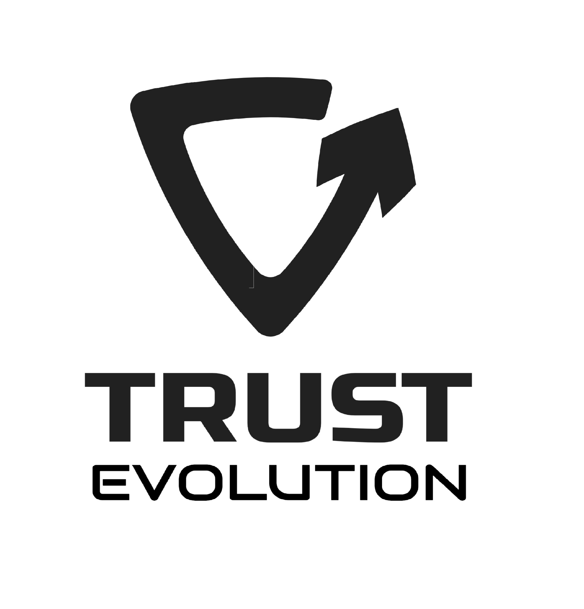 Logo firmy 'Trust Evolution' z Głuchowa, przedstawiające stylizowaną tarczę z wpisaną strzałką, symbolizujące zaufanie i rozwój.