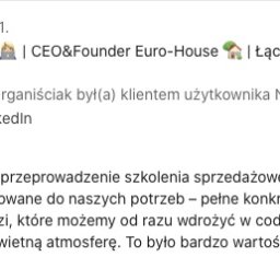 The way to sale - Zrzut ekranu opinii klientki po szkoleniu sprzedażowym, z podziękowaniem za dopasowanie do potrzeb i praktyczne narzędzia. Widoczny profil LinkedIn klientki.