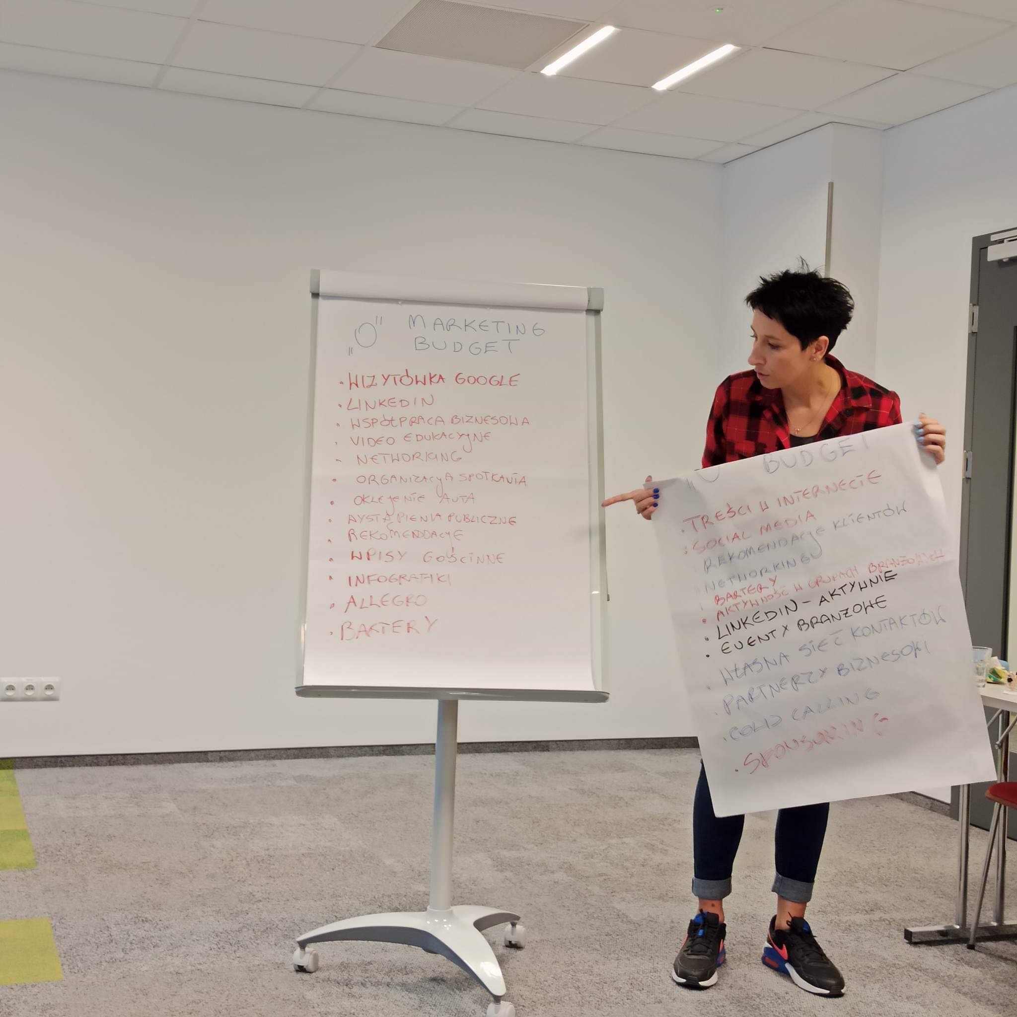 Kobieta w czerwonej koszuli w kratę prezentuje dwie flipcharty z listami dotyczącymi budżetu marketingowego i treści internetowych. Jeden flipchart stoi na statywie, drugi trzyma w rękach.