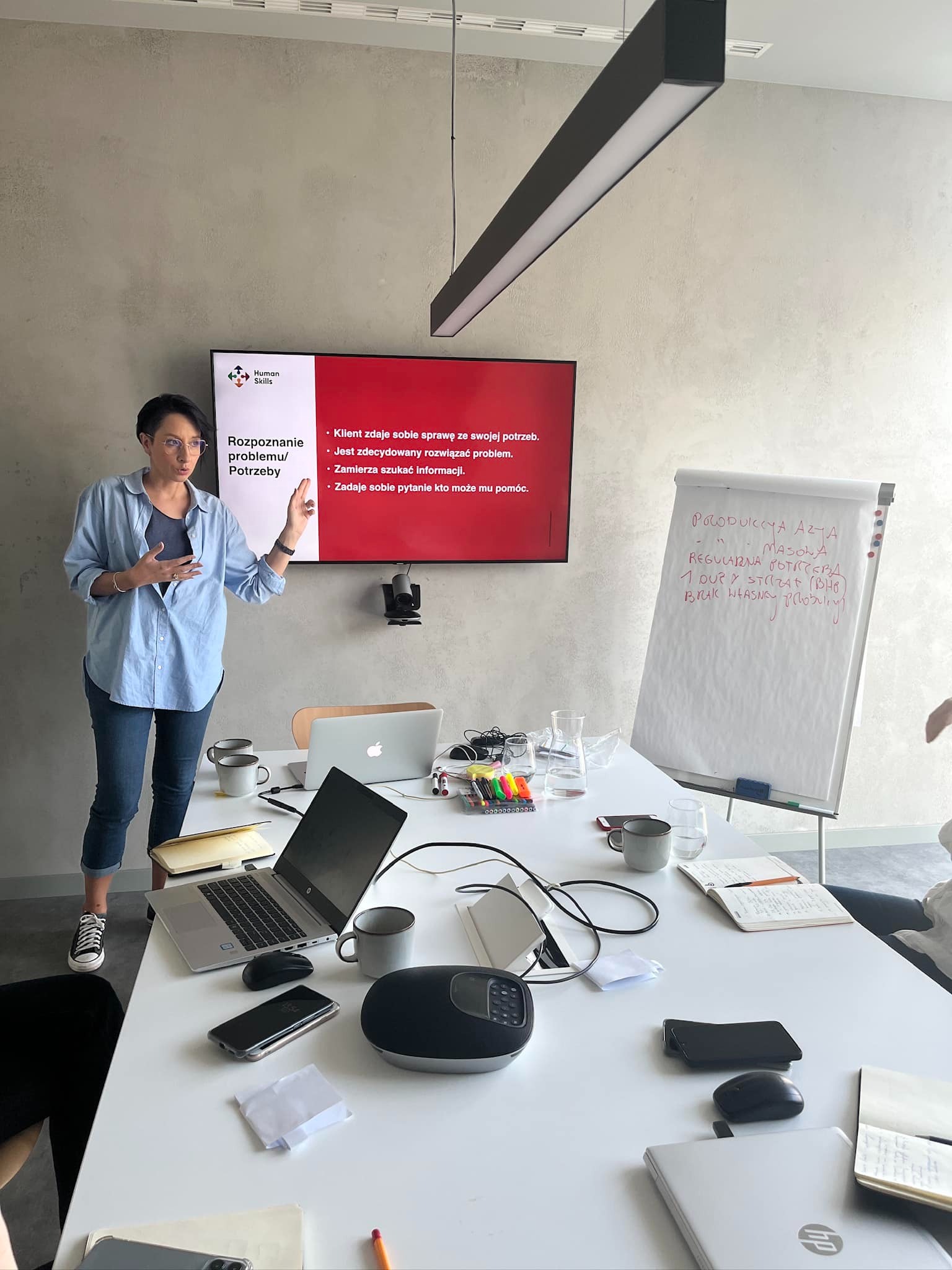 Prezentacja podczas spotkania biznesowego: kobieta w niebieskiej koszuli wskazuje na ekran z hasłami dotyczącymi rozpoznawania problemów i potrzeb klienta, obok flipchart z notatkami, na stole...