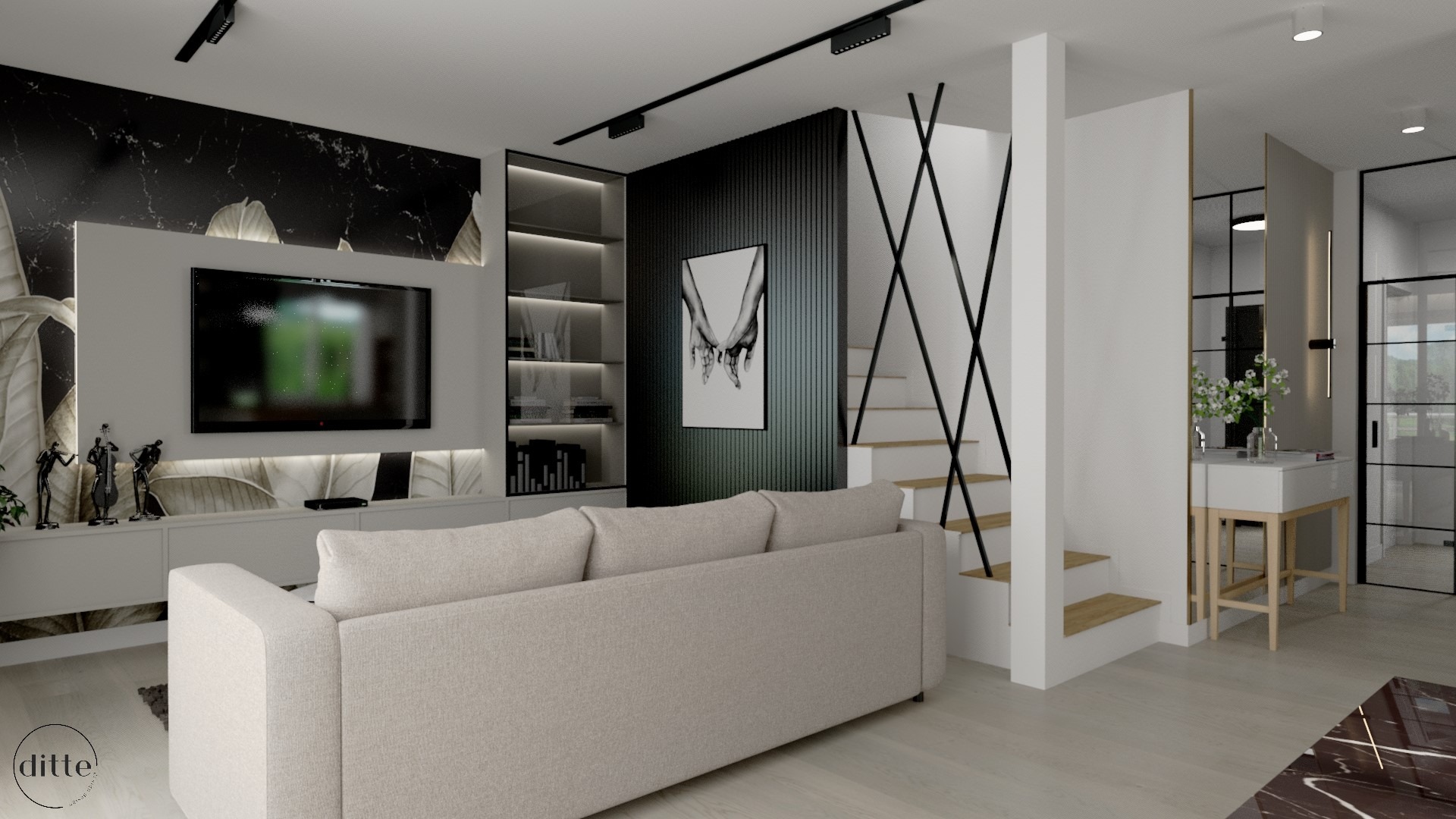 Nowoczesny salon z beżową sofą na pierwszym planie, telewizorem i półkami z podświetleniem, schodami z czarnymi metalowymi barierkami oraz dekoracyjną ścianą z pionowymi panelami i grafiką