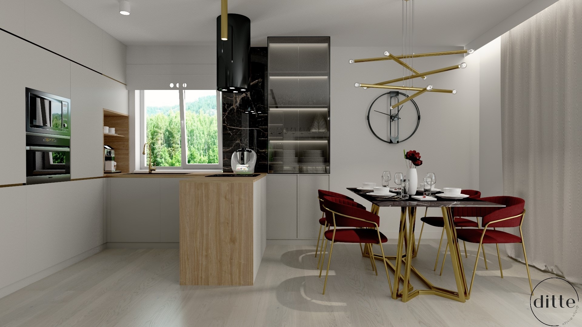 Nowoczesna kuchnia z wyspą o drewnianym wykończeniu, czarnym okapem nad płytą, marmurowym blatem i krzesłami w kolorze burgundu z złotymi nogami, oświetlona designerską lampą.