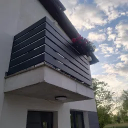 Nowoczesna balustrada balkonowa z poziomych, czarnych profili, uzupełniona kwiatami w skrzynce. Widok z dołu na tle błękitnego nieba.