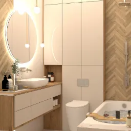 Nowoczesna łazienka z drewnianą ścianą ułożoną w jodełkę, okrągłym lustrem z podświetleniem LED, białą szafką pod umywalką, wanną z akcesoriami: kieliszek wina, smartfon i butelki z dozownikami.