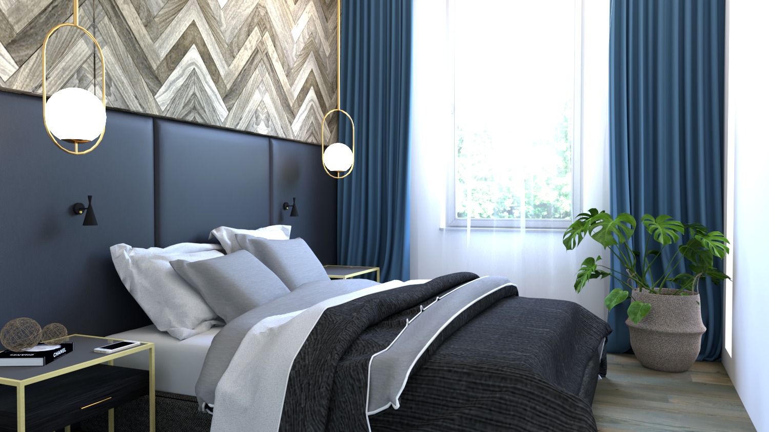 Nowoczesna sypialnia z tapicerowanym zagłówkiem w kolorze granatowym, drewnianą ścianą w jodełkę, złotymi lampami wiszącymi i zasłonami w odcieniu niebieskim. Na szafce nocnej leżą dekoracyjne kule...
