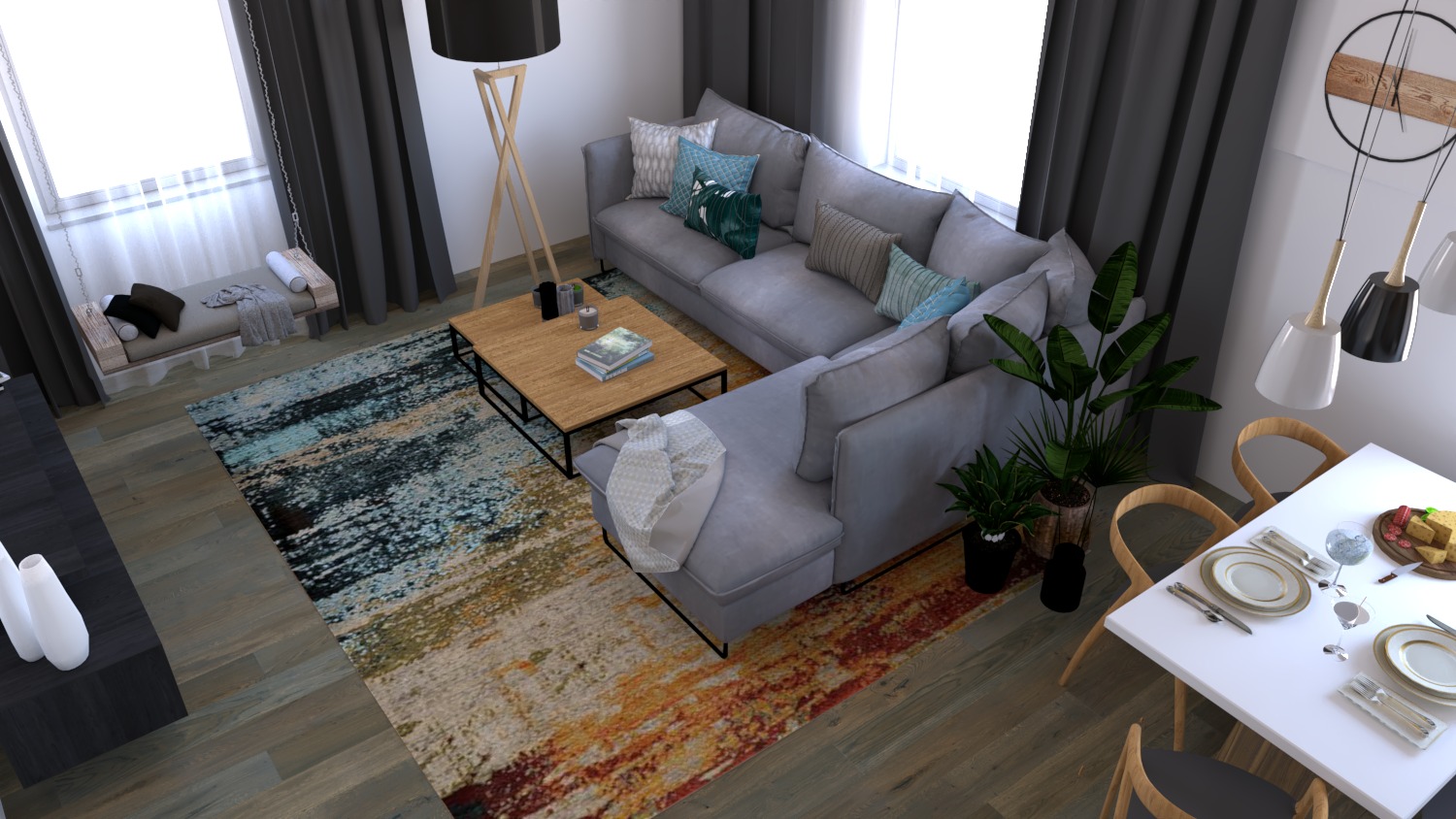 Wizualizacja salonu z szarą sofą narożną, drewnianym stolikiem kawowym, wzorzystym dywanem i huśtawką przy oknie, uzupełniona roślinami doniczkowymi i lampą podłogową.