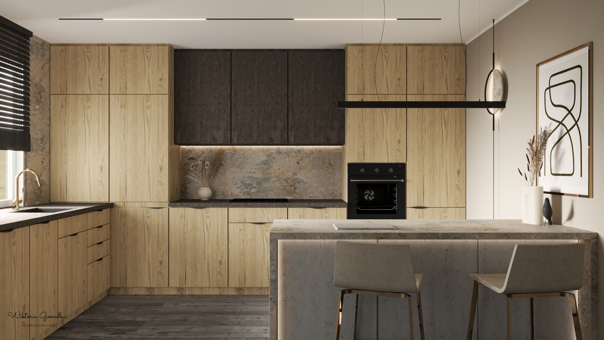 Wizualizacja nowoczesnej kuchni z drewnianymi szafkami, szarymi blatami i wyspą z betonu architektonicznego, oświetlona listwami LED i lampą wiszącą.
