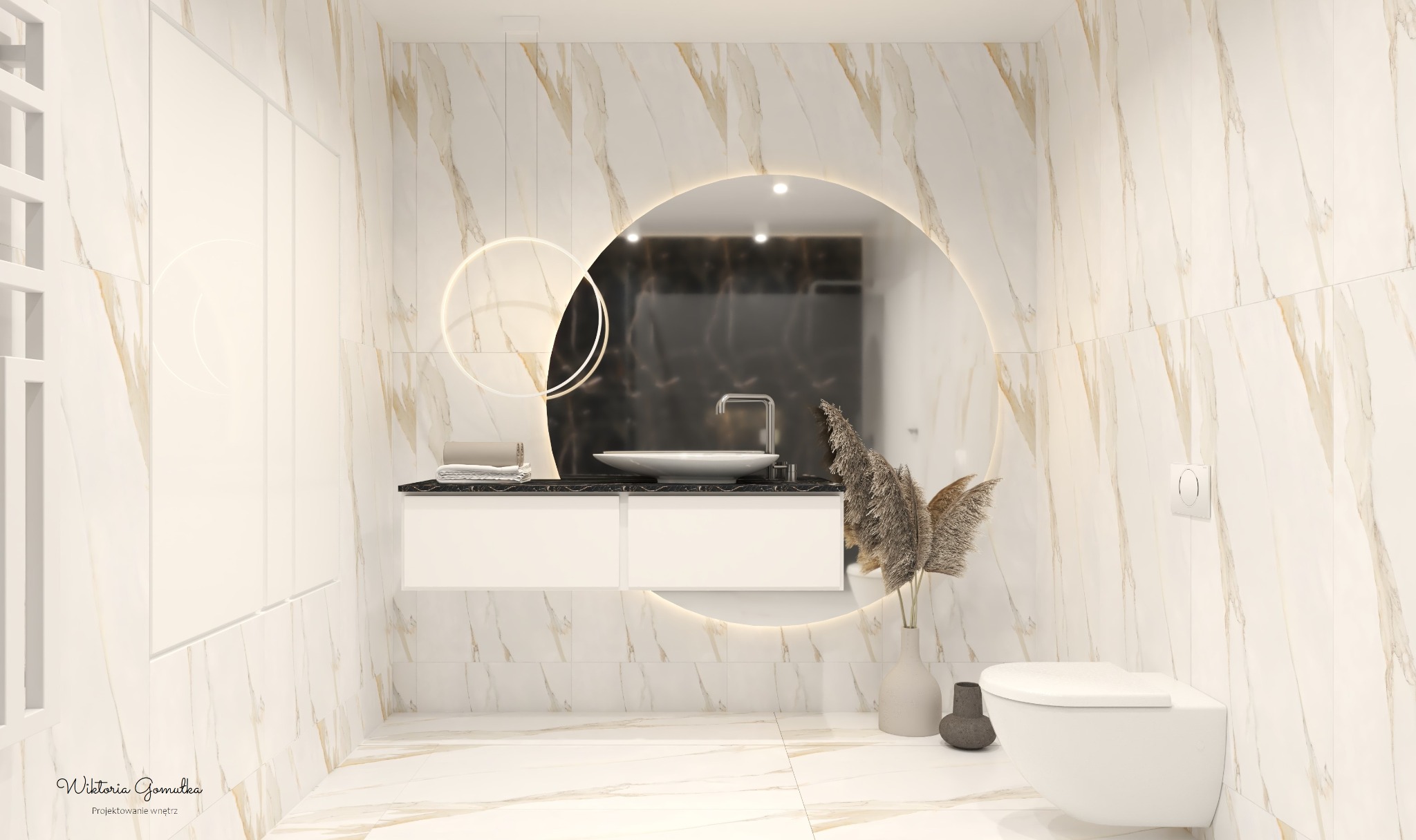 Nowoczesna łazienka z marmurowymi płytkami, okrągłym podświetlanym lustrem, białą szafką pod umywalką z czarnym blatem, oraz wiszącą toaletą.