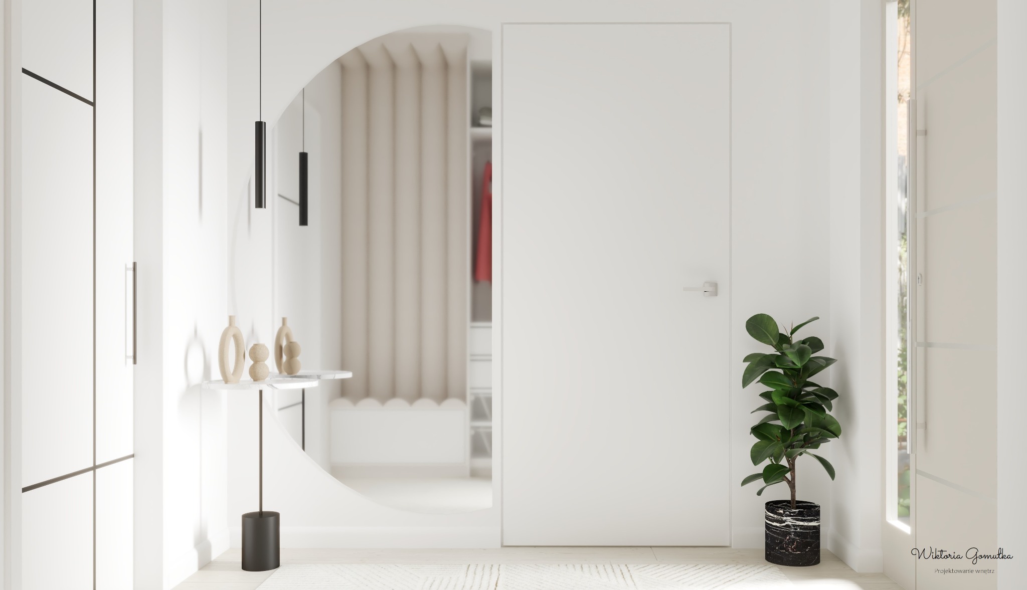 Minimalistyczny przedpokój z białymi ścianami, okrągłym lustrem z konsolą, rośliną w marmurkowej doniczce i widokiem na garderobę z beżowymi zasłonami.